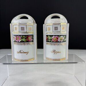 Vintage Porcelain Germany Spice Jars Nutmeg and Pepper Floral Design
